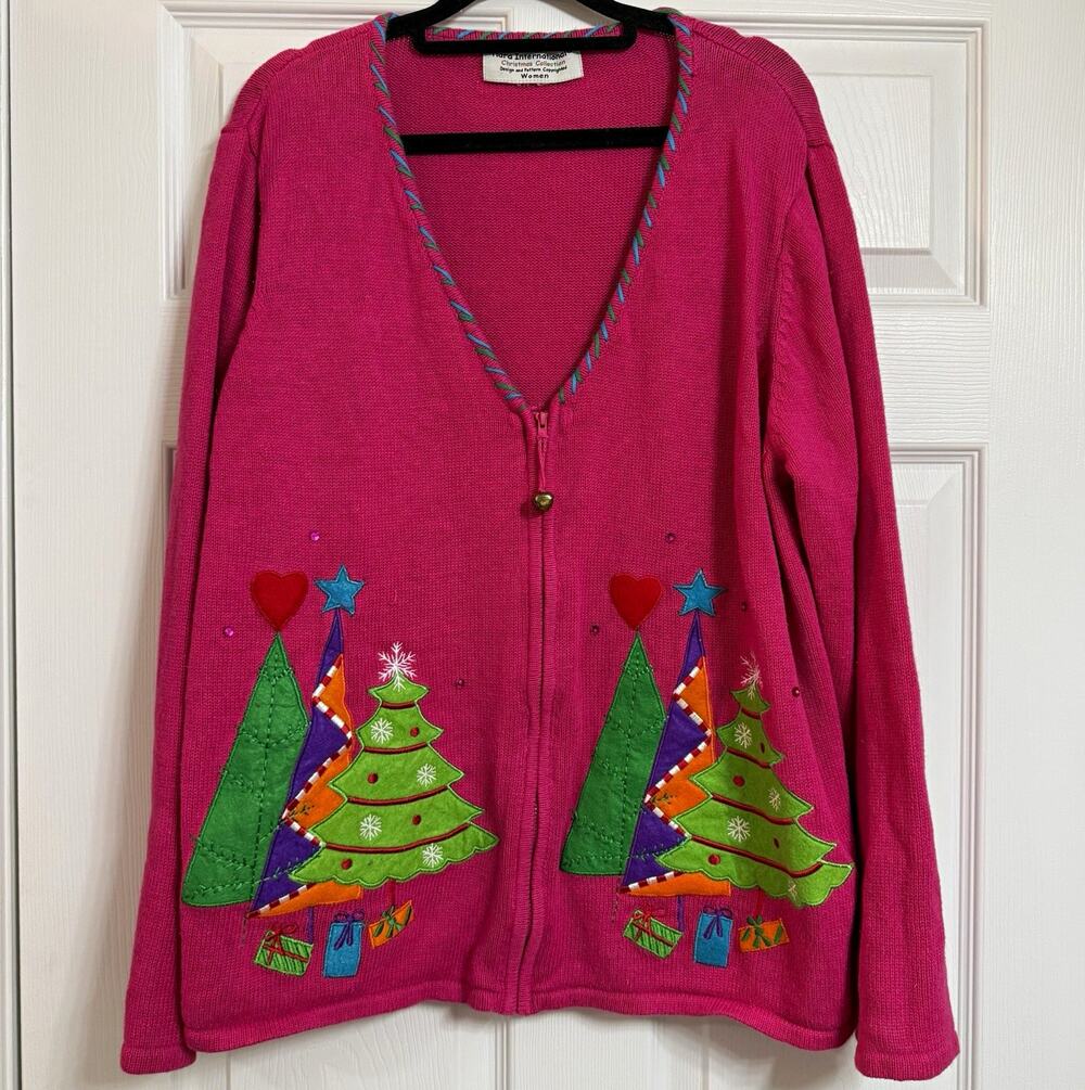 Vintage Tiara International Pink Zip V-Neck Christmas Tree Cardigan Sweater XL